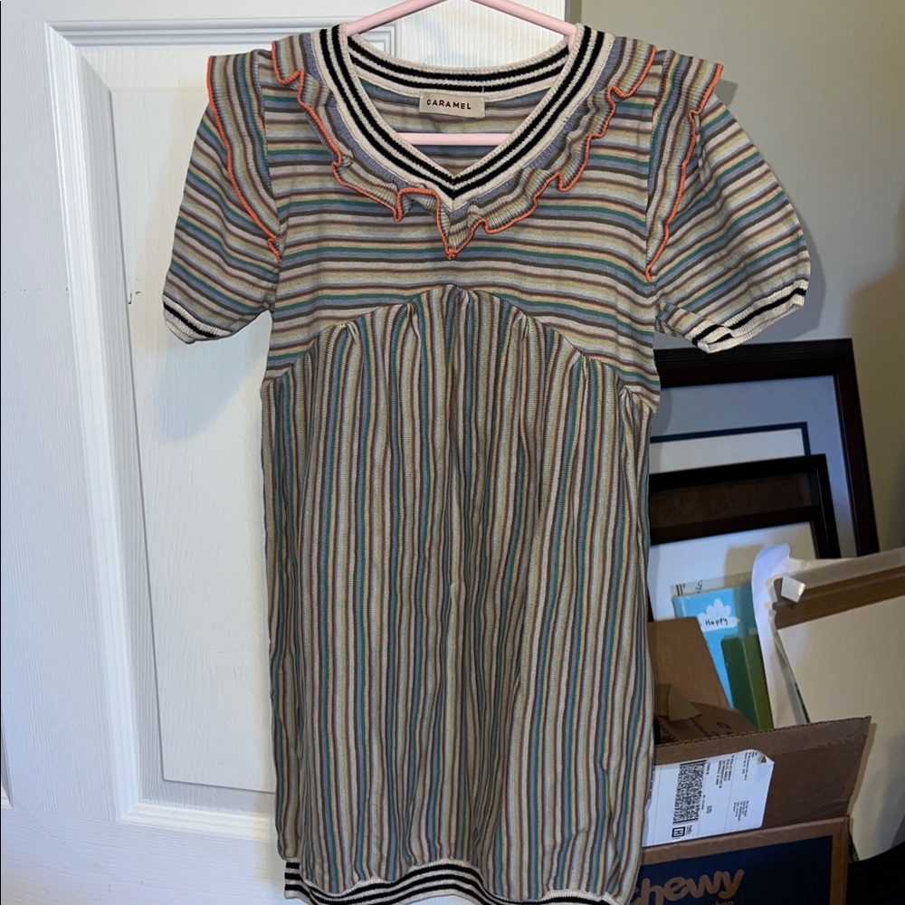 Caramel Kids Dress with Stripes and Ruffle Trim